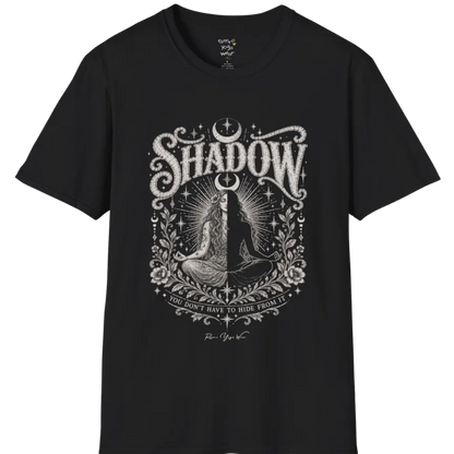 Shadow T-Shirt, short sleeved, flat lay with a seated figure split into light and dark halves beneath a crescent moon — vintage engraved graphic tee by Ramro Yoga Wear in Black.