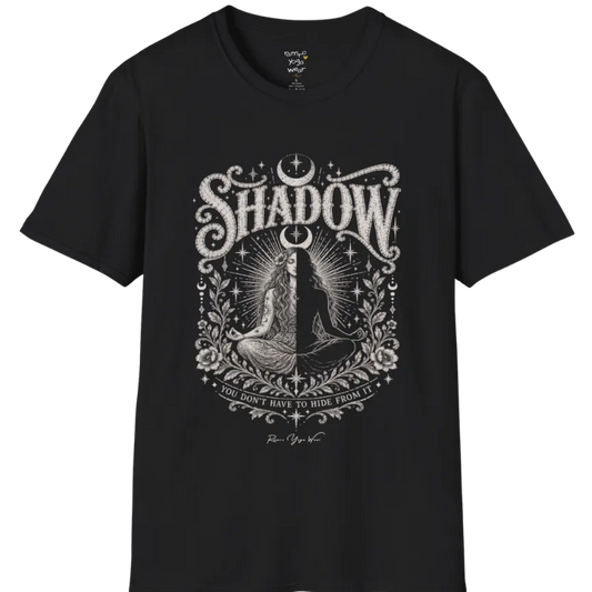 Shadow T-Shirt, short sleeved, flat lay with a seated figure split into light and dark halves beneath a crescent moon — vintage engraved graphic tee by Ramro Yoga Wear in Black.