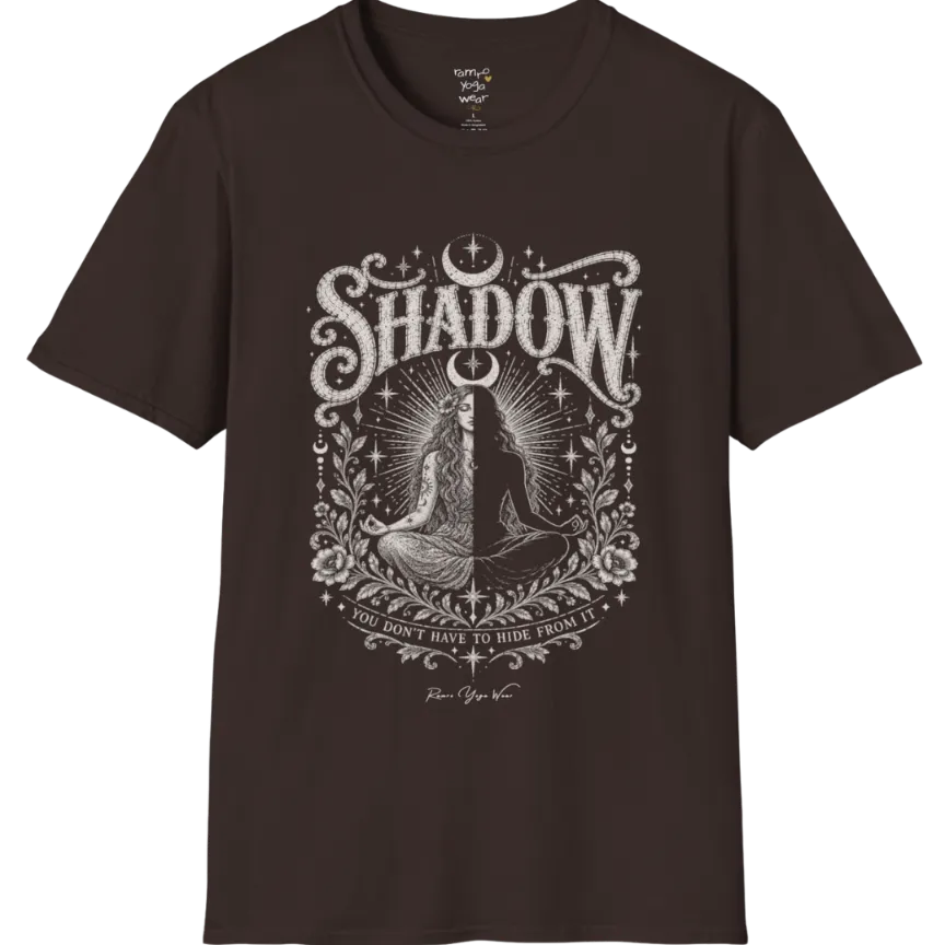 Shadow T-Shirt, short sleeved, flat lay with a seated figure split into light and dark halves beneath a crescent moon — vintage engraved graphic tee by Ramro Yoga Wear in Dark Chocolate.