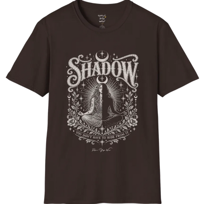 Shadow T-Shirt, short sleeved, flat lay with a seated figure split into light and dark halves beneath a crescent moon — vintage engraved graphic tee by Ramro Yoga Wear in Dark Chocolate.