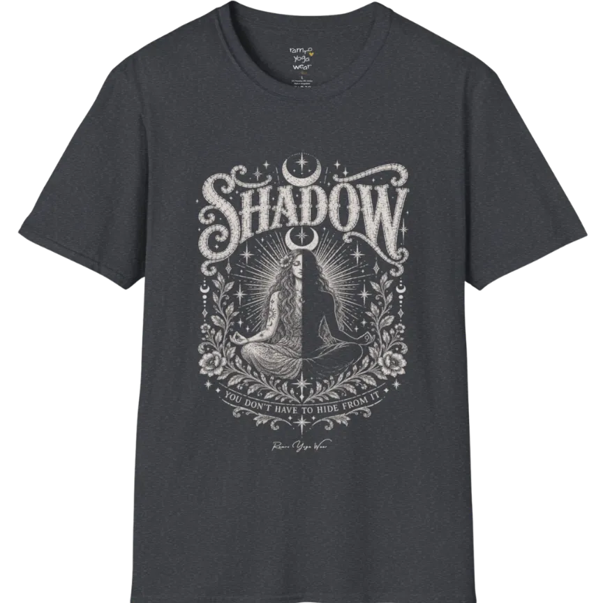 Shadow T-Shirt, short sleeved, flat lay with a seated figure split into light and dark halves beneath a crescent moon — vintage engraved graphic tee by Ramro Yoga Wear in Dark Heather Grey.