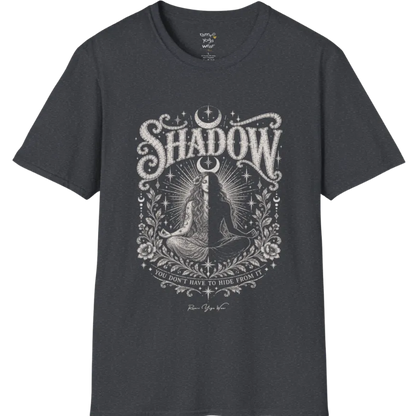 Shadow T-Shirt, short sleeved, flat lay with a seated figure split into light and dark halves beneath a crescent moon — vintage engraved graphic tee by Ramro Yoga Wear in Dark Heather Grey.