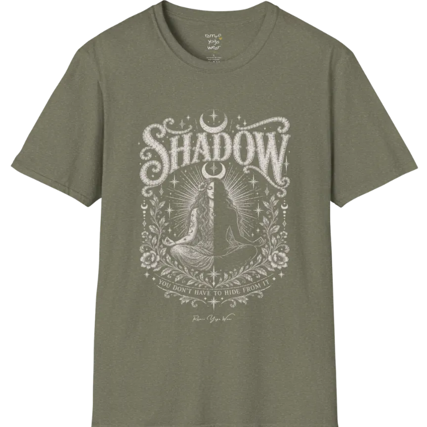Shadow T-Shirt, short sleeved, flat lay with a seated figure split into light and dark halves beneath a crescent moon — vintage engraved graphic tee by Ramro Yoga Wear in Heather Military Green.