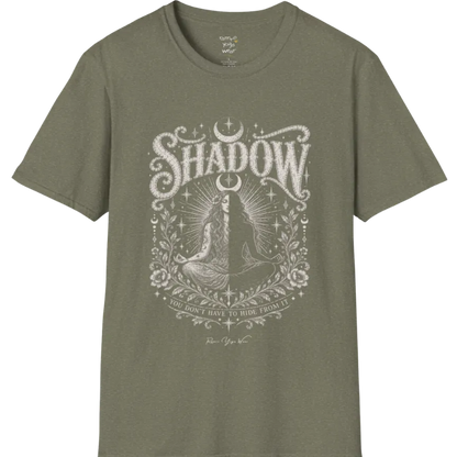 Shadow T-Shirt, short sleeved, flat lay with a seated figure split into light and dark halves beneath a crescent moon — vintage engraved graphic tee by Ramro Yoga Wear in Heather Military Green.