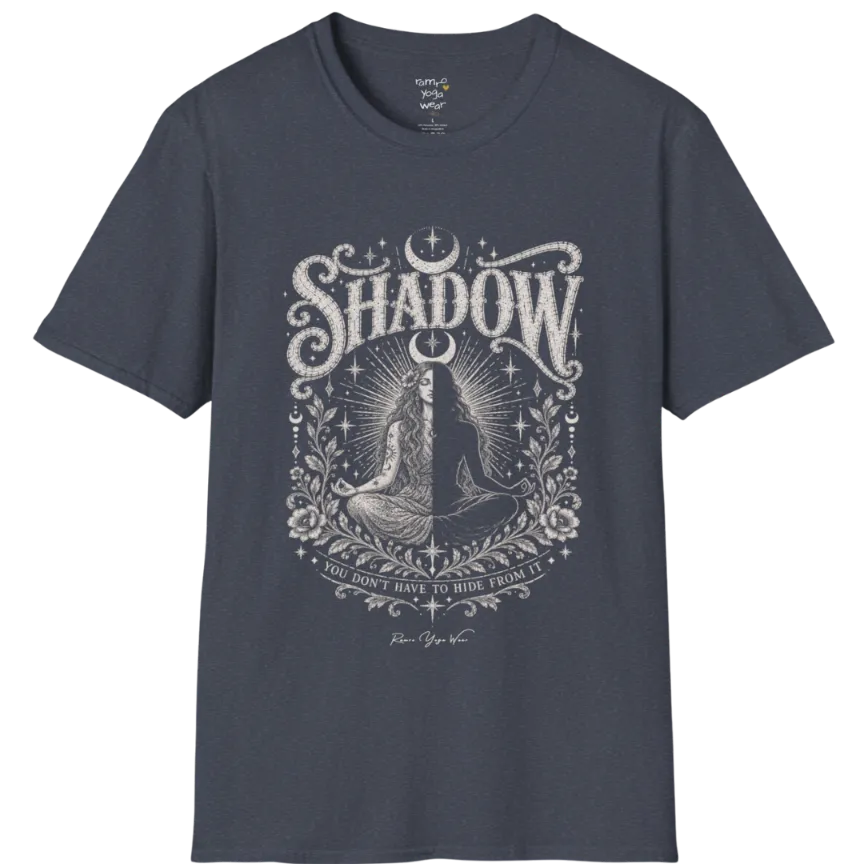 Shadow T-Shirt, short sleeved, flat lay with a seated figure split into light and dark halves beneath a crescent moon — vintage engraved graphic tee by Ramro Yoga Wear in Heather Navy.