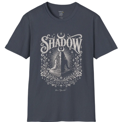Shadow T-Shirt, short sleeved, flat lay with a seated figure split into light and dark halves beneath a crescent moon — vintage engraved graphic tee by Ramro Yoga Wear in Heather Navy.