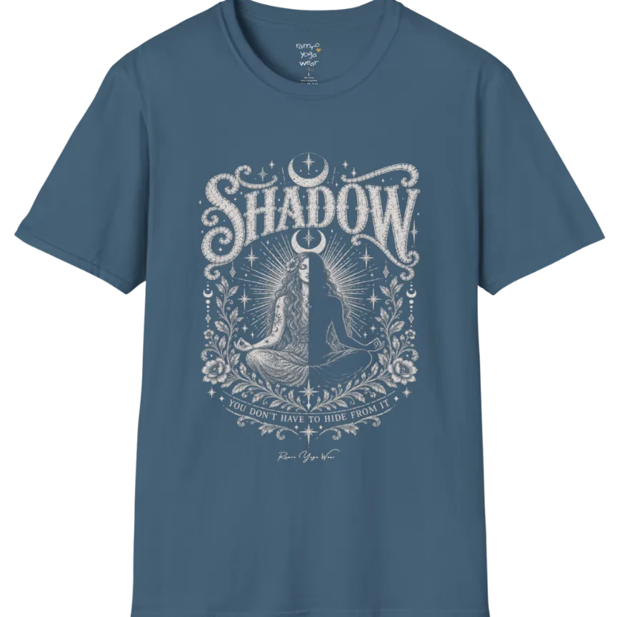 Shadow T-Shirt, short sleeved, flat lay with a seated figure split into light and dark halves beneath a crescent moon — vintage engraved graphic tee by Ramro Yoga Wear in Indigo Blue.
