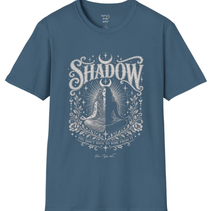 Shadow T-Shirt, short sleeved, flat lay with a seated figure split into light and dark halves beneath a crescent moon — vintage engraved graphic tee by Ramro Yoga Wear in Indigo Blue.
