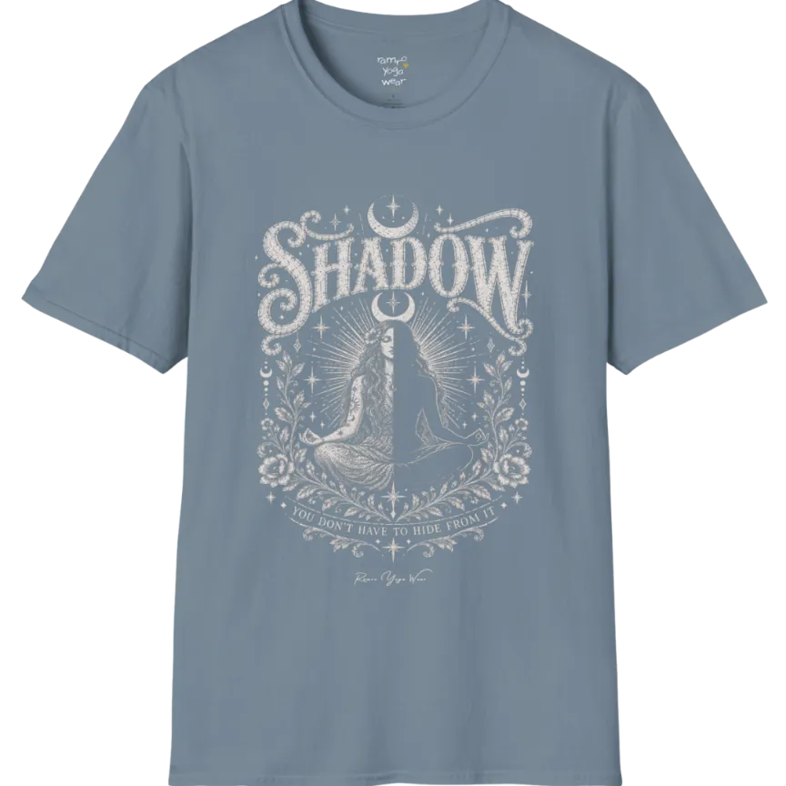 Shadow T-Shirt, short sleeved, flat lay with a seated figure split into light and dark halves beneath a crescent moon — vintage engraved graphic tee by Ramro Yoga Wear in Stone Blue.