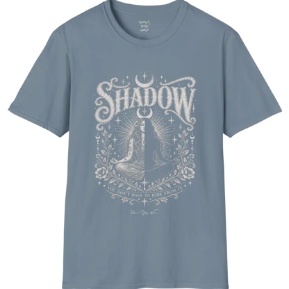 Shadow T-Shirt, short sleeved, flat lay with a seated figure split into light and dark halves beneath a crescent moon — vintage engraved graphic tee by Ramro Yoga Wear in Stone Blue.