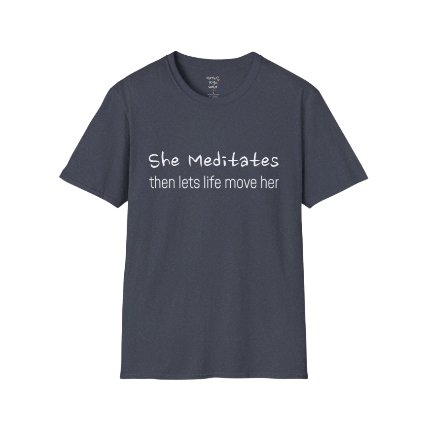 She Mediates T-Shirt in Heather Navy with subtle statement text. Relaxed fit yoga shirt for calm, confident daily style.