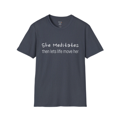 She Mediates T-Shirt in Heather Navy with subtle statement text. Relaxed fit yoga shirt for calm, confident daily style.