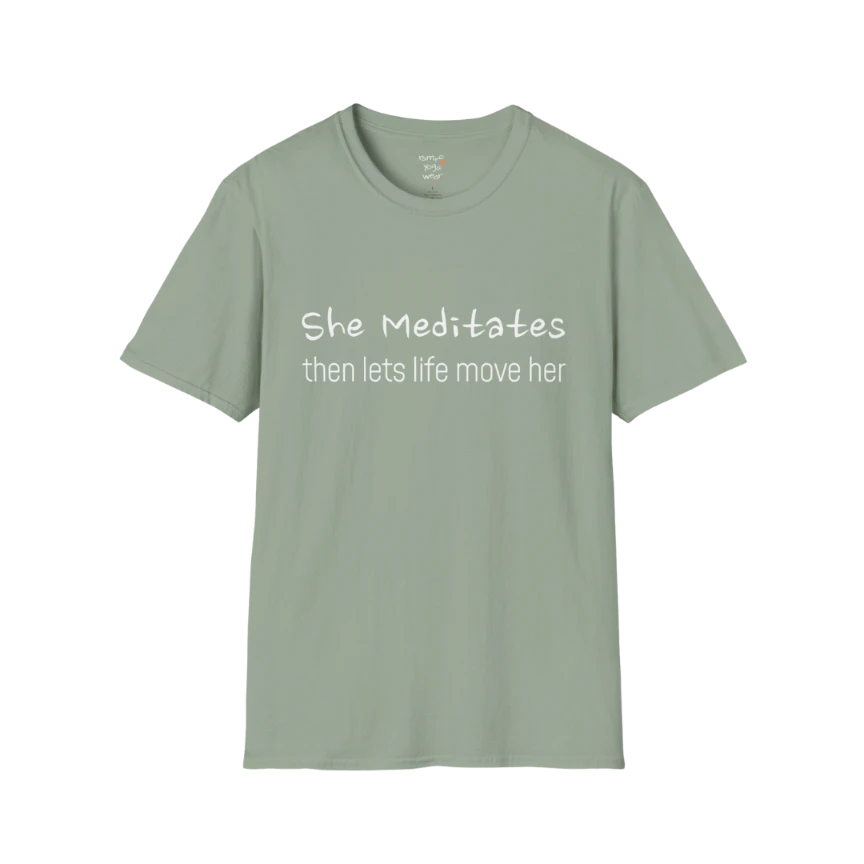 She Mediates T-Shirt in Sage with minimal text detail. Earth-toned yoga shirt for grounded, effortless everyday wear.