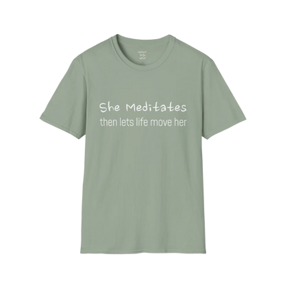 She Mediates T-Shirt in Sage with minimal text detail. Earth-toned yoga shirt for grounded, effortless everyday wear.