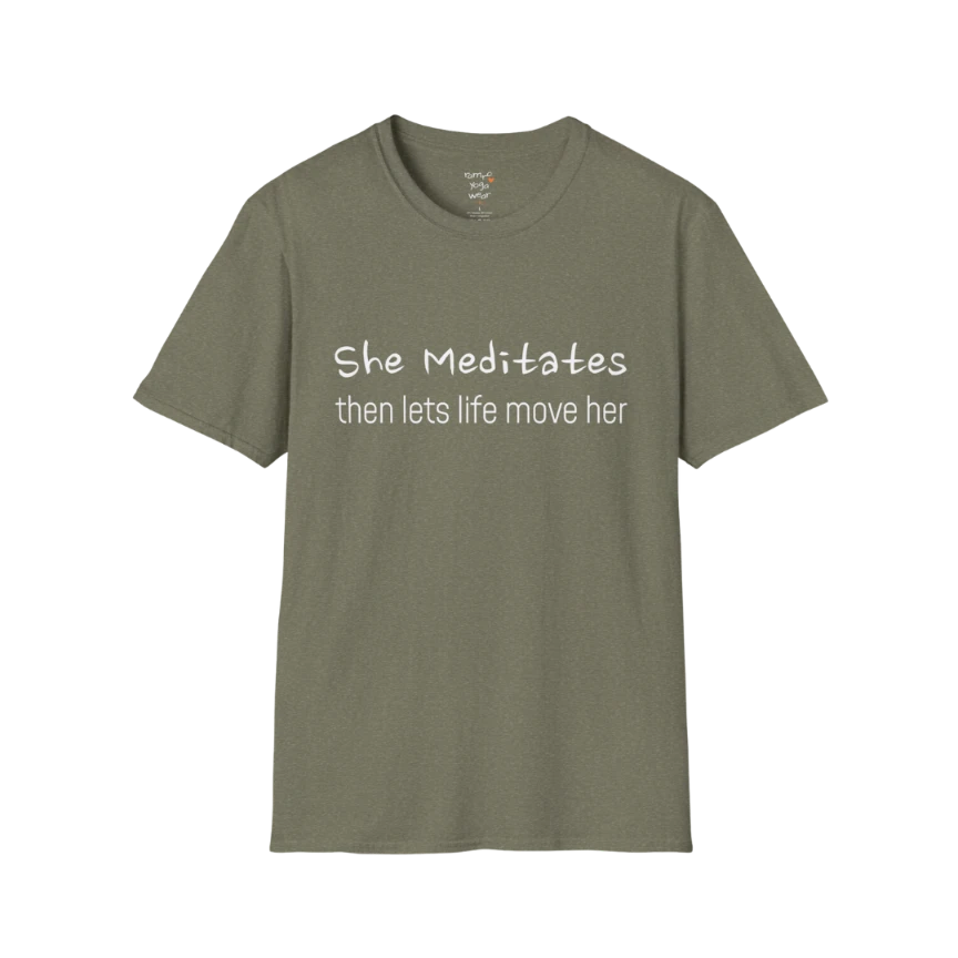 She Meditates T-Shirt in Heather Military Green with soft minimalist text design. Calm, mindful yoga tee for everyday grounded wear.
