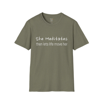She Meditates T-Shirt in Heather Military Green with soft minimalist text design. Calm, mindful yoga tee for everyday grounded wear.