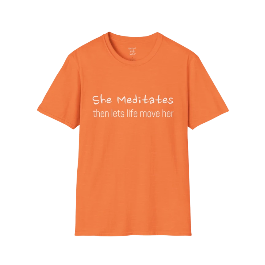 She Meditates T-Shirt in Heather Orange with clean centered typography. Bright yoga tee with a mindful, uplifting vibe.