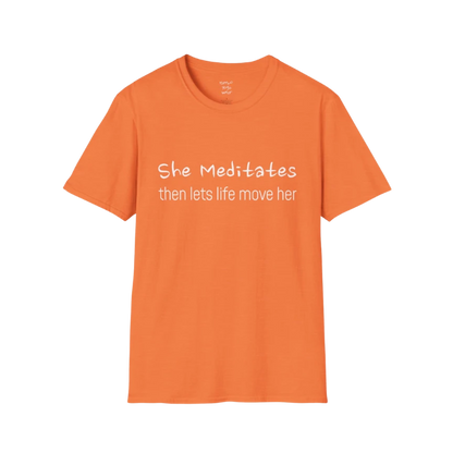 She Meditates T-Shirt in Heather Orange with clean centered typography. Bright yoga tee with a mindful, uplifting vibe.