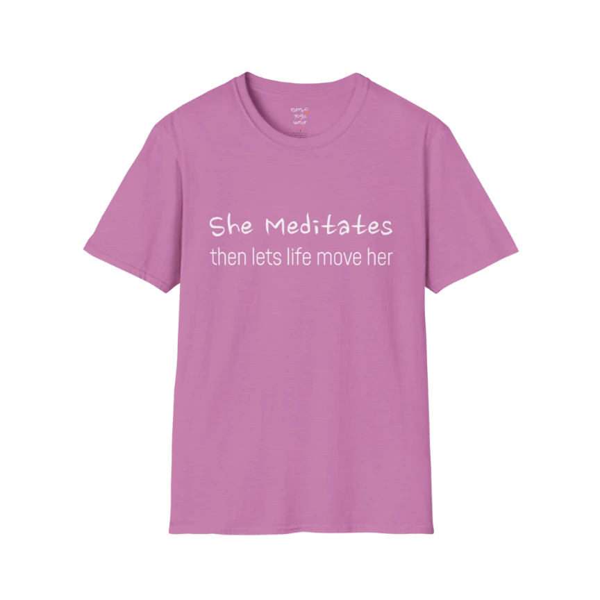 She Meditates T-Shirt in Heather Radiant Orchid with soft statement text design. Feminine yoga tee with calm, expressive energy.