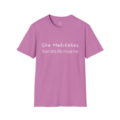 She Meditates T-Shirt in Heather Radiant Orchid with soft statement text design. Feminine yoga tee with calm, expressive energy.