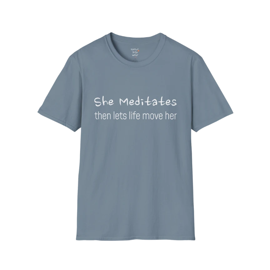 She Meditates T-Shirt in Stone Blue with simple centered typography. Cool-toned yoga tee for relaxed, mindful living.