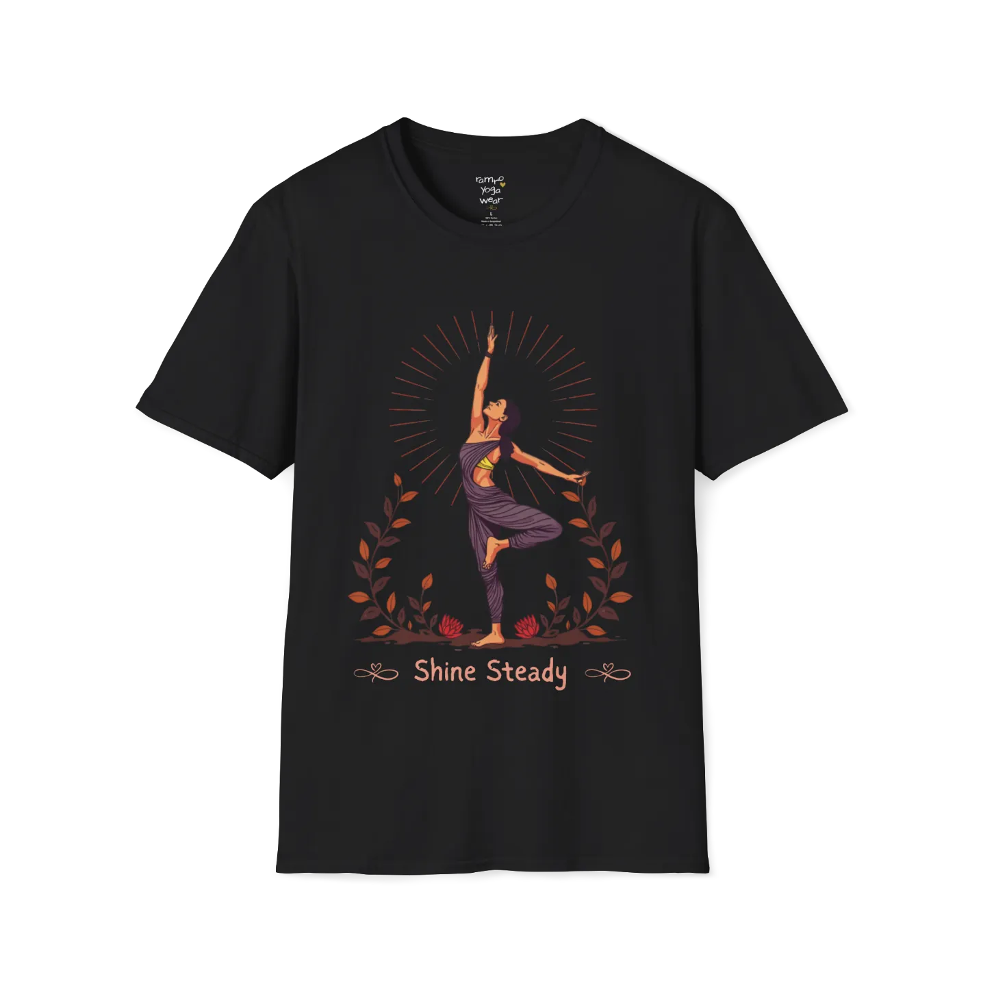 Illustrated woman in tree pose with radiating sunburst and botanical detail, "Shine Steady" text design — The Vault collection by Ramro Yoga Wear —Black