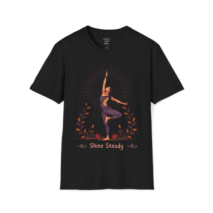 Illustrated woman in tree pose with radiating sunburst and botanical detail, "Shine Steady" text design — The Vault collection by Ramro Yoga Wear —Black