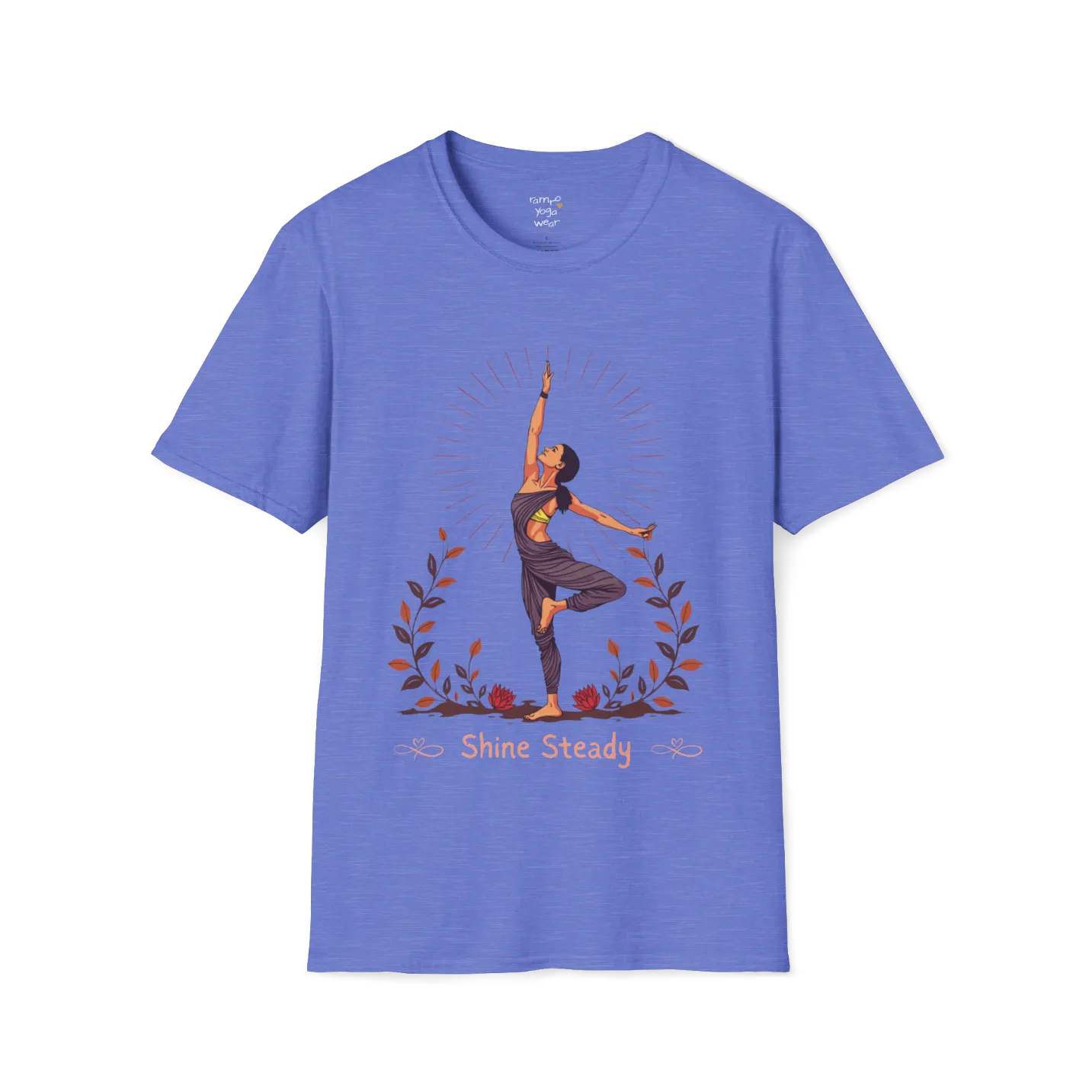 Illustrated woman in tree pose with radiating sunburst and botanical detail, "Shine Steady" text design — The Vault collection by Ramro Yoga Wear — Heather Royal