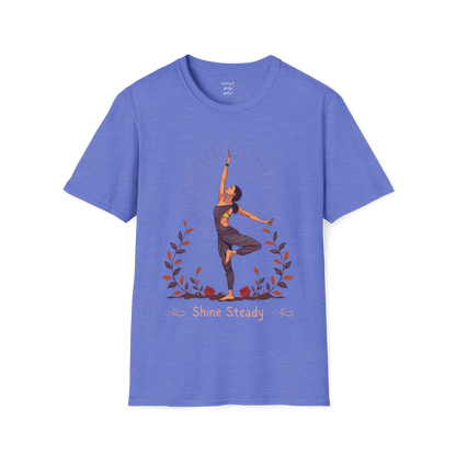 Illustrated woman in tree pose with radiating sunburst and botanical detail, "Shine Steady" text design — The Vault collection by Ramro Yoga Wear — Heather Royal