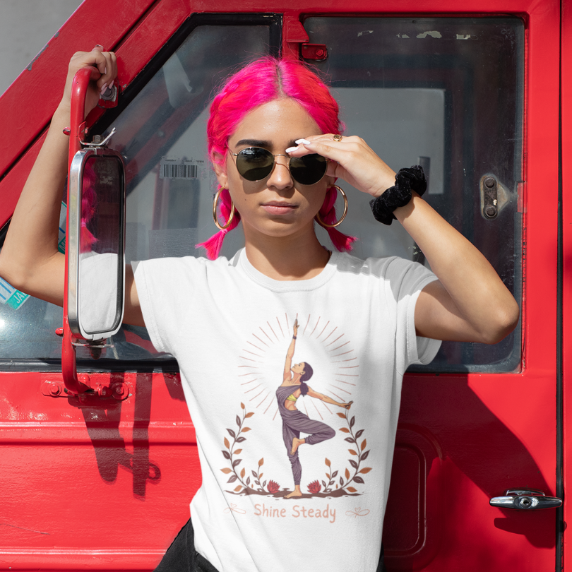 Woman wearing Shine Ready White T-Shirt outdoors — The Vault collection by Ramro Yoga Wear