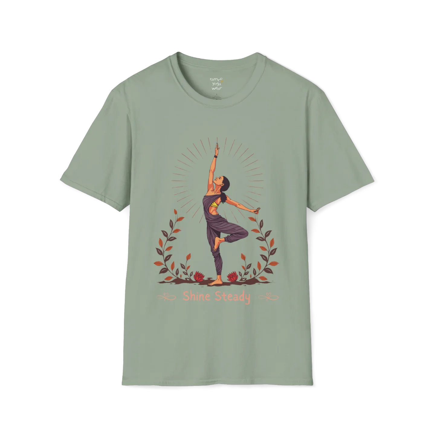 Illustrated woman in tree pose with radiating sunburst and botanical detail, "Shine Steady" text design — The Vault collection by Ramro Yoga Wear — Sage
