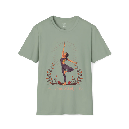 Illustrated woman in tree pose with radiating sunburst and botanical detail, "Shine Steady" text design — The Vault collection by Ramro Yoga Wear — Sage