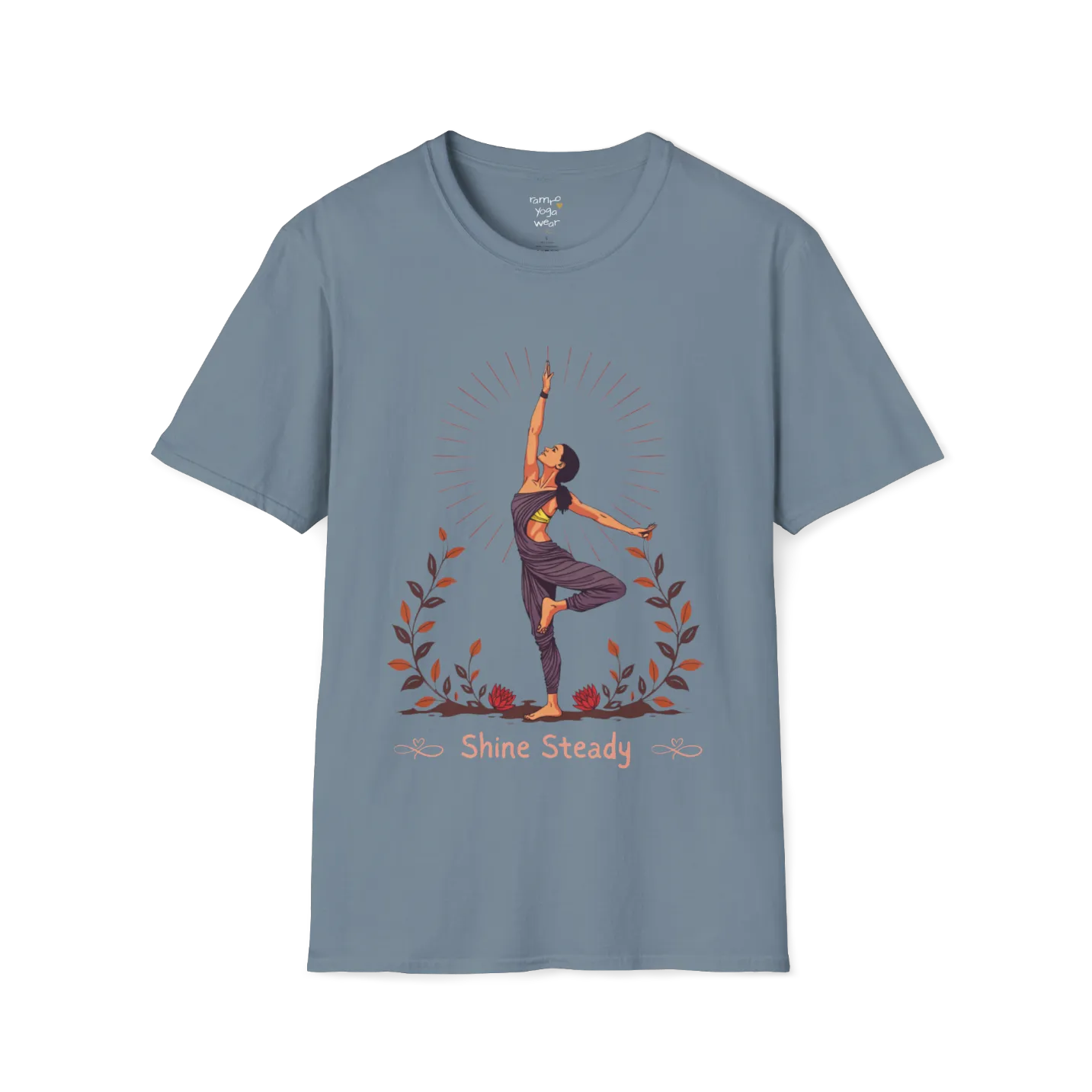 Illustrated woman in tree pose with radiating sunburst and botanical detail, "Shine Steady" text design — The Vault collection by Ramro Yoga Wear — Stone Blue