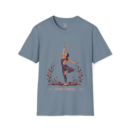 Illustrated woman in tree pose with radiating sunburst and botanical detail, "Shine Steady" text design — The Vault collection by Ramro Yoga Wear — Stone Blue