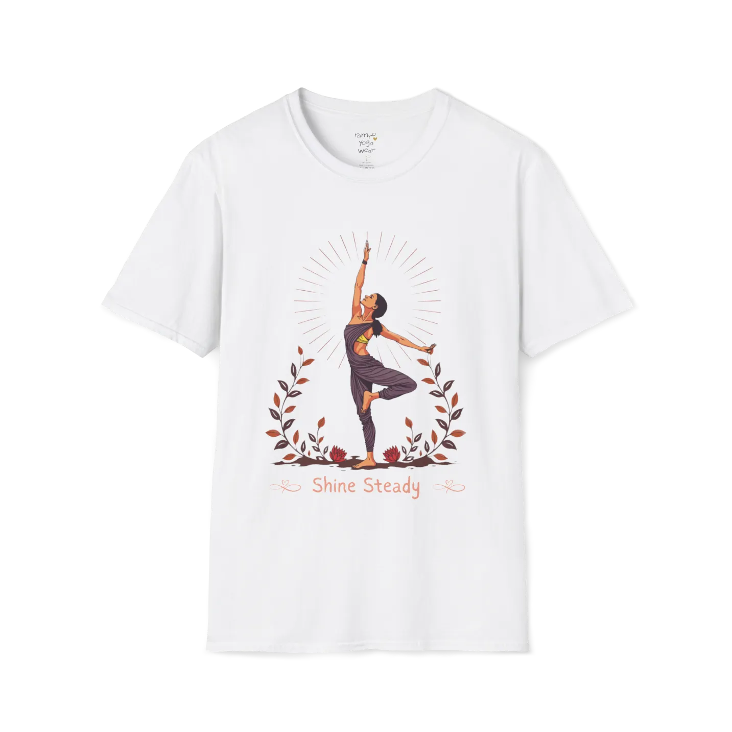 Illustrated woman in tree pose with radiating sunburst and botanical detail, "Shine Steady" text design — The Vault collection by Ramro Yoga Wear —White