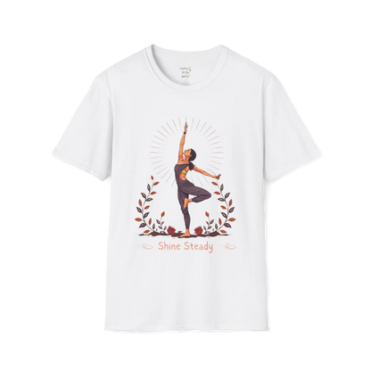 Illustrated woman in tree pose with radiating sunburst and botanical detail, "Shine Steady" text design — The Vault collection by Ramro Yoga Wear —White