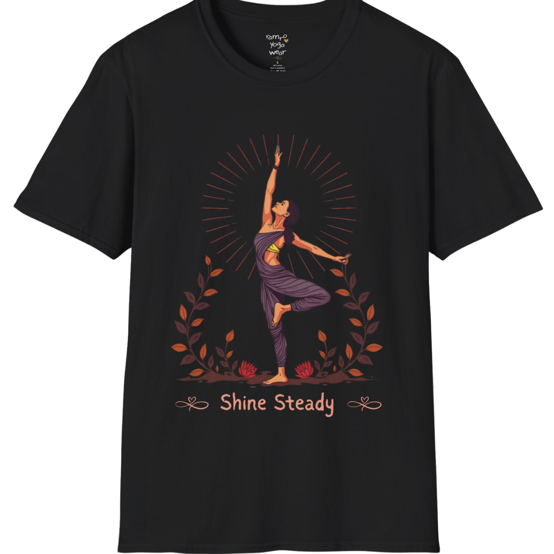 Illustrated woman in tree pose with radiating sunburst and botanical detail, "Shine Steady" text design — The Vault collection by Ramro Yoga Wear —Black