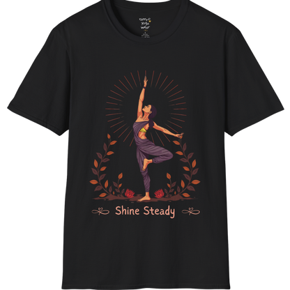 Illustrated woman in tree pose with radiating sunburst and botanical detail, "Shine Steady" text design — The Vault collection by Ramro Yoga Wear —Black