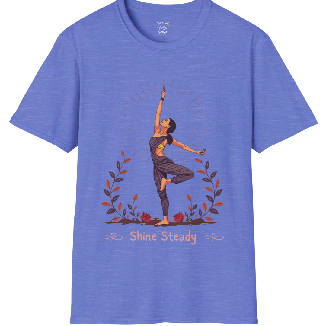 Illustrated woman in tree pose with radiating sunburst and botanical detail, "Shine Steady" text design — The Vault collection by Ramro Yoga Wear — Heather Royal