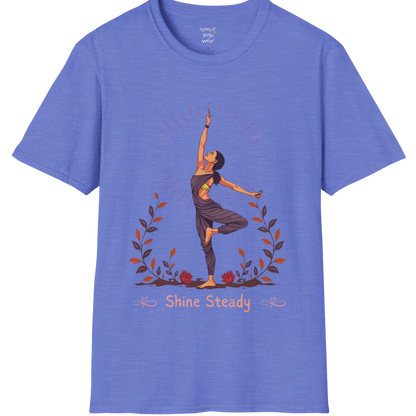 Illustrated woman in tree pose with radiating sunburst and botanical detail, "Shine Steady" text design — The Vault collection by Ramro Yoga Wear — Heather Royal