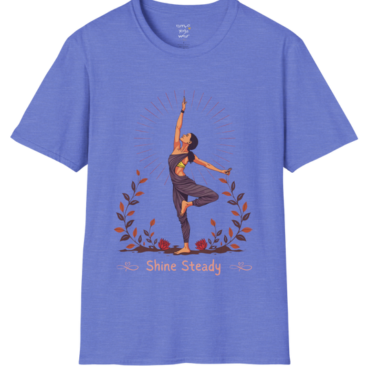 Illustrated woman in tree pose with radiating sunburst and botanical detail, "Shine Steady" text design — The Vault collection by Ramro Yoga Wear — Heather Royal