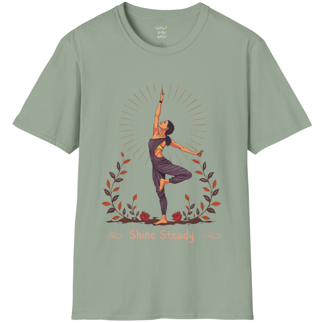Illustrated woman in tree pose with radiating sunburst and botanical detail, "Shine Steady" text design — The Vault collection by Ramro Yoga Wear — Sage