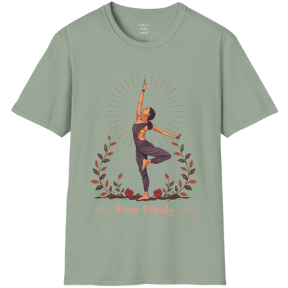 Illustrated woman in tree pose with radiating sunburst and botanical detail, "Shine Steady" text design — The Vault collection by Ramro Yoga Wear — Sage