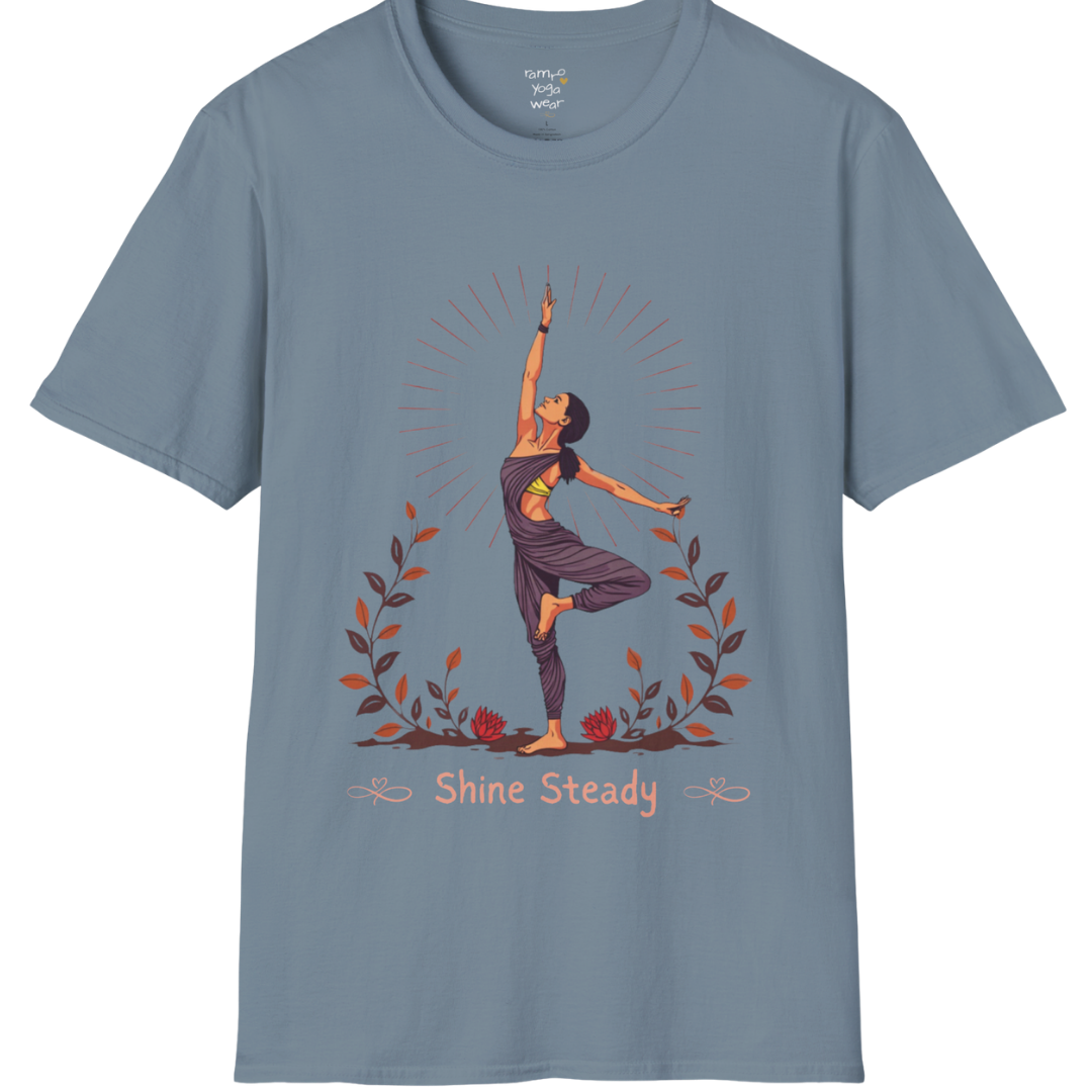 Illustrated woman in tree pose with radiating sunburst and botanical detail, "Shine Steady" text design — The Vault collection by Ramro Yoga Wear — Stone Blue