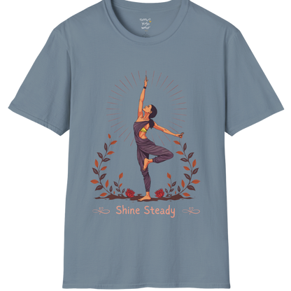 Illustrated woman in tree pose with radiating sunburst and botanical detail, "Shine Steady" text design — The Vault collection by Ramro Yoga Wear — Stone Blue