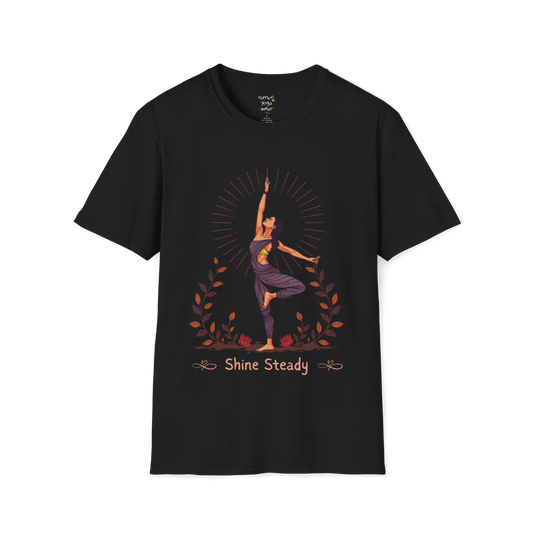 Illustrated woman in tree pose with radiating sunburst and botanical detail, "Shine Steady" text design — The Vault collection by Ramro Yoga Wear —Black