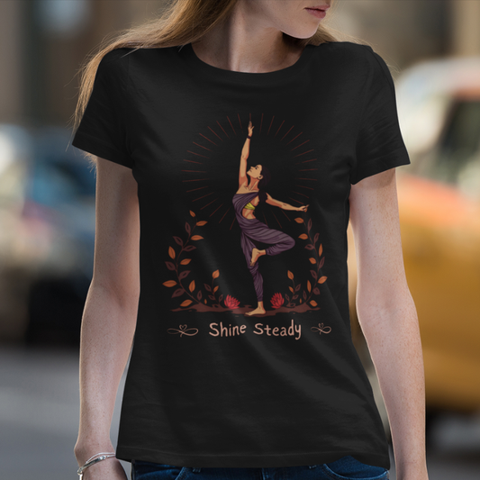 Woman wearing Shine Steady Black T-Shirt outdoors, pink hat, sunglasses — The Vault collection by Ramro Yoga Wear