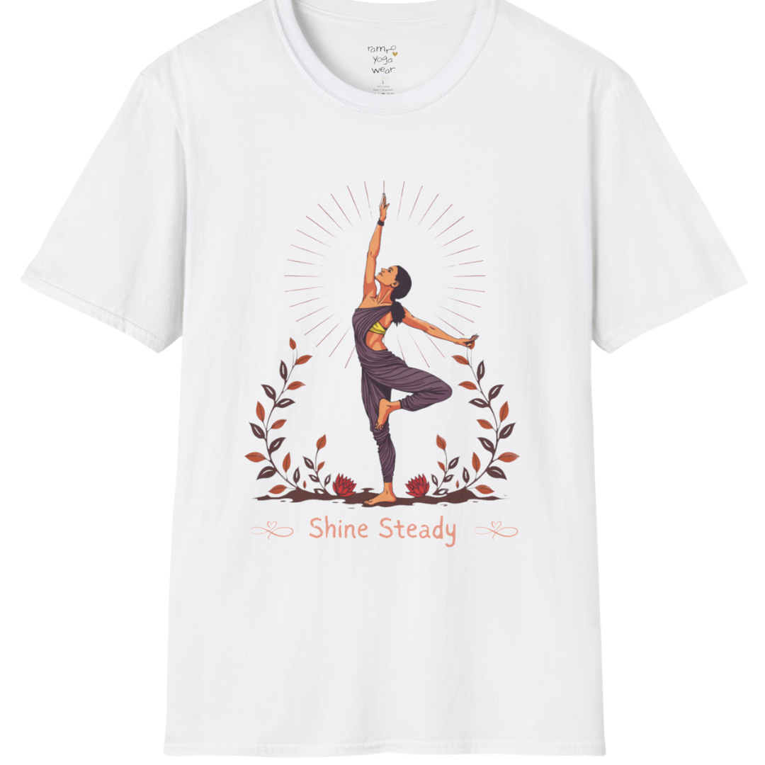 Illustrated woman in tree pose with radiating sunburst and botanical detail, "Shine Steady" text design — The Vault collection by Ramro Yoga Wear —White