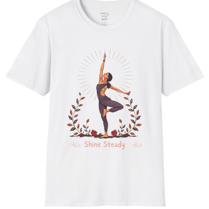 Illustrated woman in tree pose with radiating sunburst and botanical detail, "Shine Steady" text design — The Vault collection by Ramro Yoga Wear —White