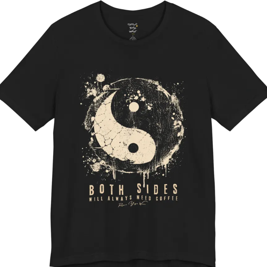 A short sleeved tee called the Sides T-Shirt, flat lay and a Bella+Canvas 3001 shirt. Simply says, Both Sides Will Always Need Coffee. Design highlights a cracked, splattered grunge yin yang with ink drips. Color is Black.